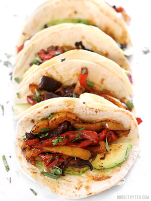 
                  
                    Load image into Gallery viewer, line up of four Chipotle Portobello Oven Fajitas, facing front
                  
                